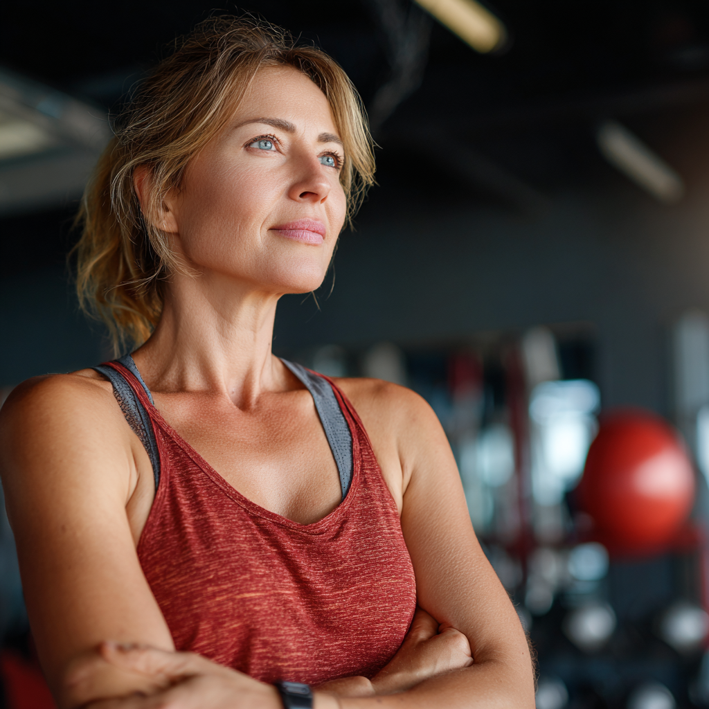 Middle-aged woman showing fitness transformation results with healthy lifestyle improvements