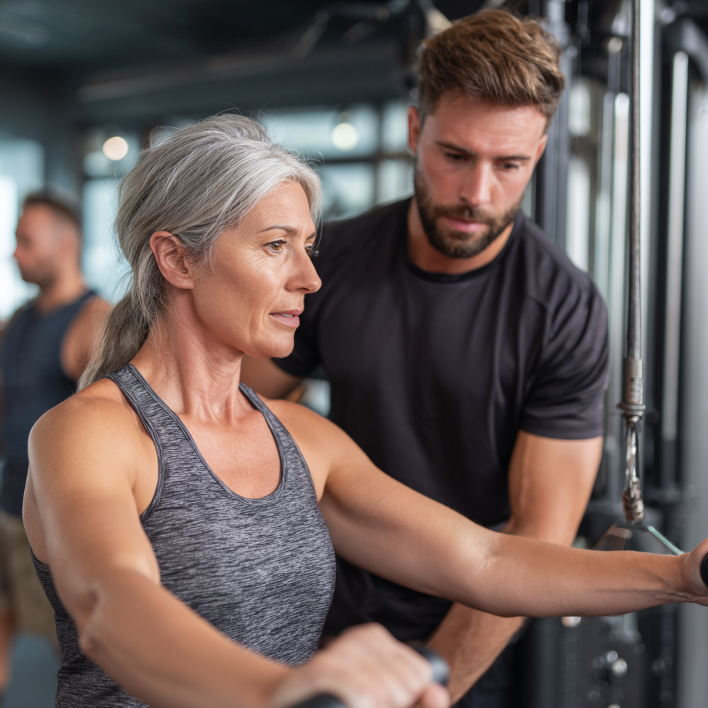 Professional fitness trainer helping mature adults with strength training exercises in modern gym facility